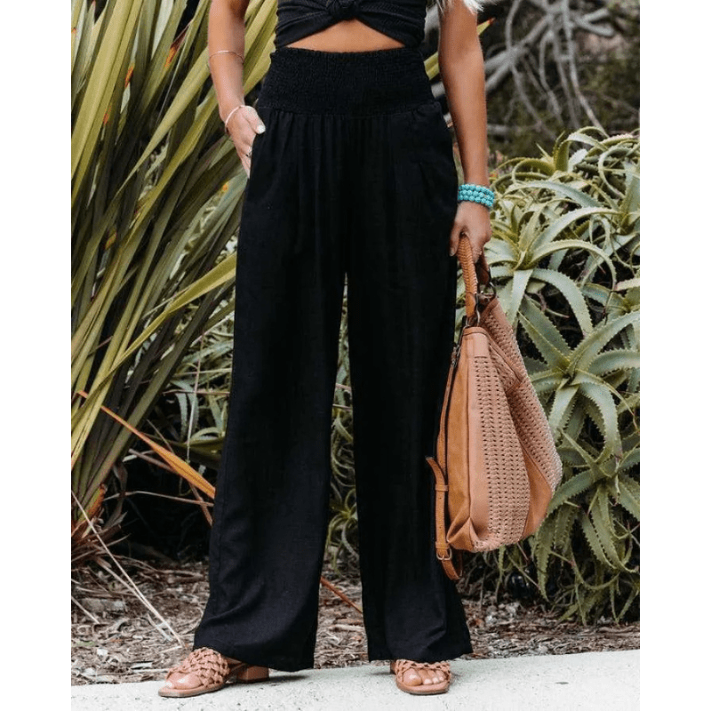 Womens Elastic High Waisted Palazzo Pants Casual Wide Leg Long Lounge Pant Trousers with Pocket - Seldom Seen Styles