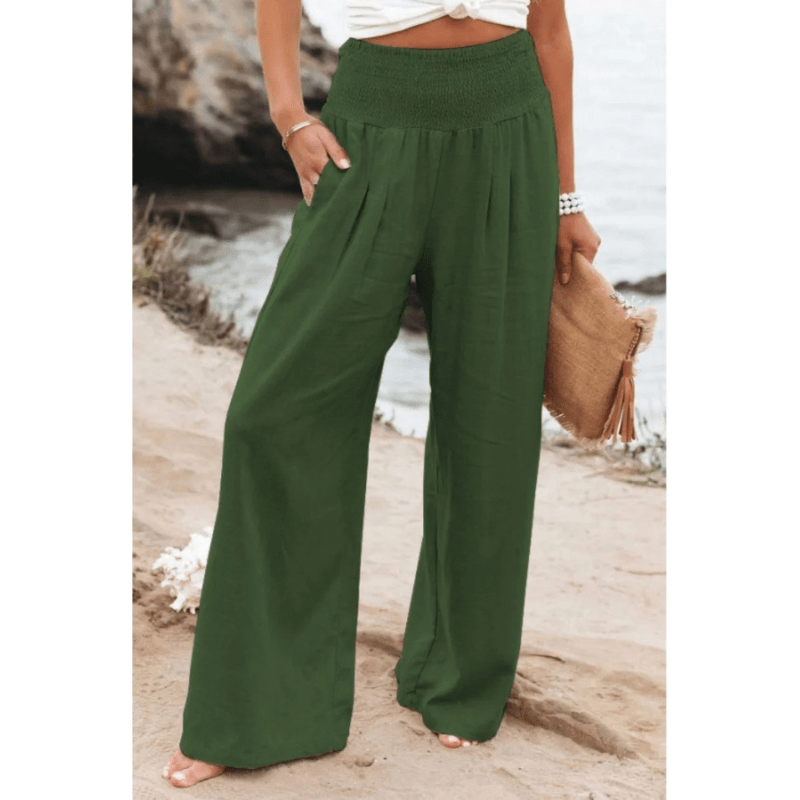 Womens Elastic High Waisted Palazzo Pants Casual Wide Leg Long Lounge Pant Trousers with Pocket - Seldom Seen Styles