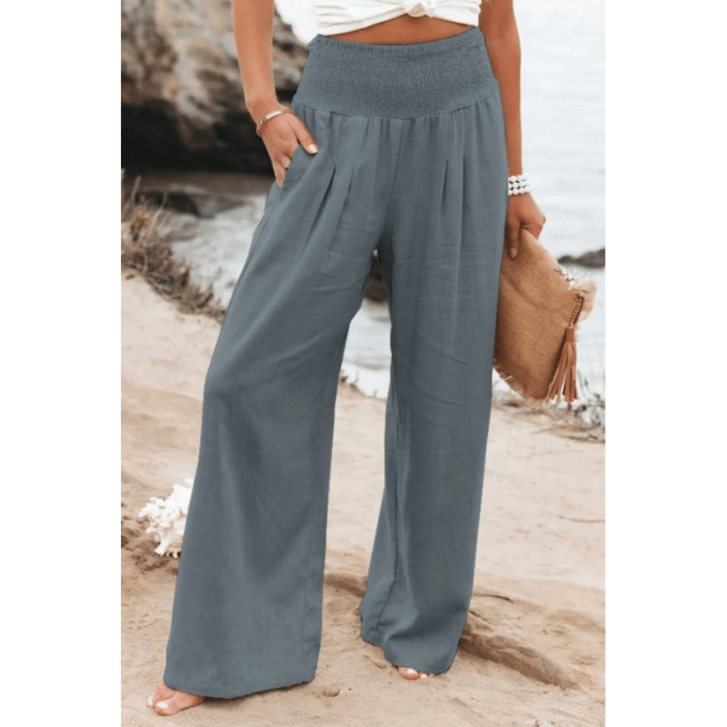 Womens Elastic High Waisted Palazzo Pants Casual Wide Leg Long Lounge Pant Trousers with Pocket - Seldom Seen Styles