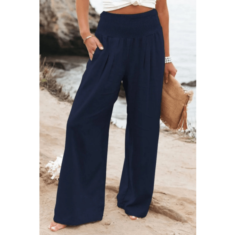 Womens Elastic High Waisted Palazzo Pants Casual Wide Leg Long Lounge Pant Trousers with Pocket - Seldom Seen Styles