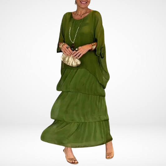 Womens Elegant Mother of The Bride Dresses for Wedding,Fall Chiffon 3/4 Batwing Sleeve Maxi Flowy Layered Dress - Seldom Seen Styles