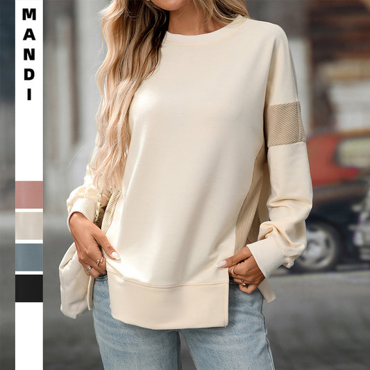 Womens Fashion 2025 Color Block Long Sleeve Crewneck Knitted Casual Loose Pullover Shirts TopsNew Round Neck Color Block Versatile Casual Loose Sweatshirt - Seldom Seen Styles