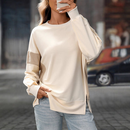 Womens Fashion 2025 Color Block Long Sleeve Crewneck Knitted Casual Loose Pullover Shirts TopsNew Round Neck Color Block Versatile Casual Loose Sweatshirt