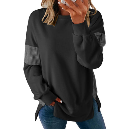 Womens Fashion 2025 Color Block Long Sleeve Crewneck Knitted Casual Loose Pullover Shirts TopsNew Round Neck Color Block Versatile Casual Loose Sweatshirt