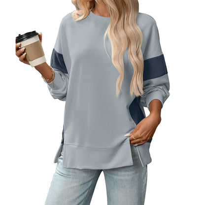 Womens Fashion 2025 Color Block Long Sleeve Crewneck Knitted Casual Loose Pullover Shirts TopsNew Round Neck Color Block Versatile Casual Loose Sweatshirt