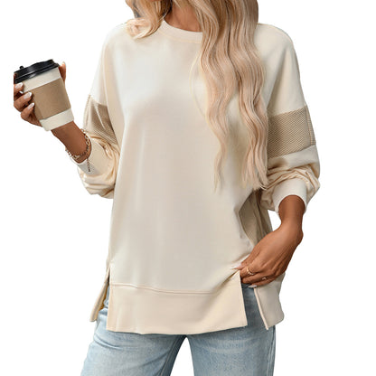 Womens Fashion 2025 Color Block Long Sleeve Crewneck Knitted Casual Loose Pullover Shirts TopsNew Round Neck Color Block Versatile Casual Loose Sweatshirt