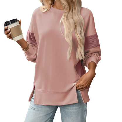 Womens Fashion 2025 Color Block Long Sleeve Crewneck Knitted Casual Loose Pullover Shirts TopsNew Round Neck Color Block Versatile Casual Loose Sweatshirt