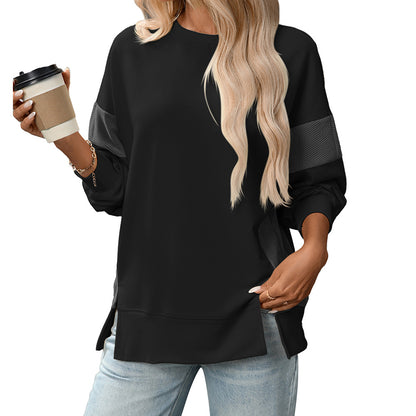 Womens Fashion 2025 Color Block Long Sleeve Crewneck Knitted Casual Loose Pullover Shirts TopsNew Round Neck Color Block Versatile Casual Loose Sweatshirt