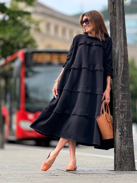 Womens Mock Neck Maxi Babydoll Dress Fall Casual Loose Cute Long Sleeve Ruffle Hem Long Dress Solid Color - Seldom Seen Styles