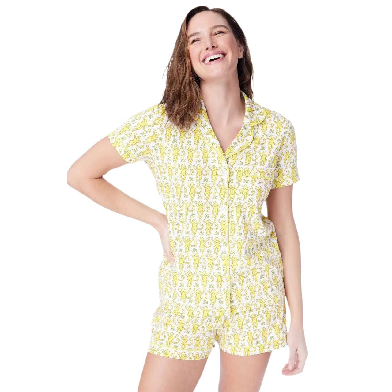 Womens Pajamas Set, 2PCS Button Down Vacation Monkey Beach Shorts Set Y2k Loungewear Pjs for Birthday Valentines Gift - Seldom Seen Styles