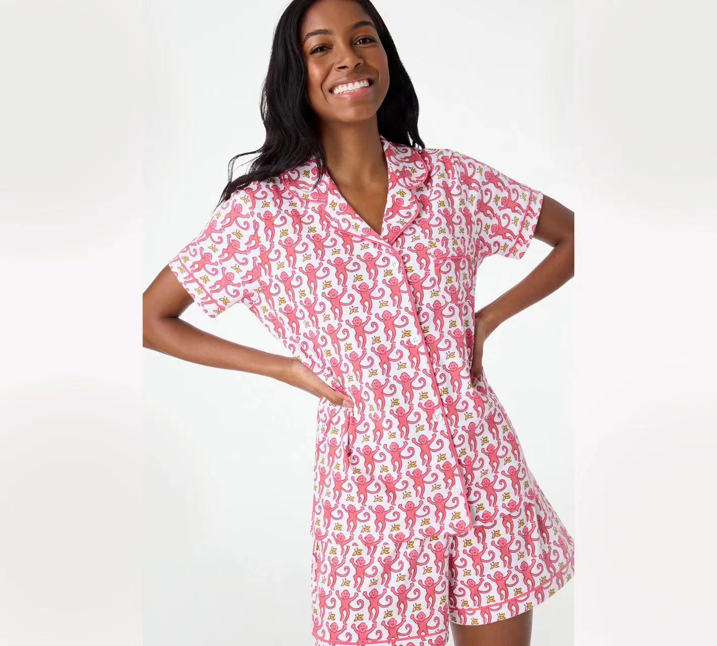 Womens Pajamas Set, 2PCS Button Down Vacation Monkey Beach Shorts Set Y2k Loungewear Pjs for Birthday Valentines Gift - Seldom Seen Styles