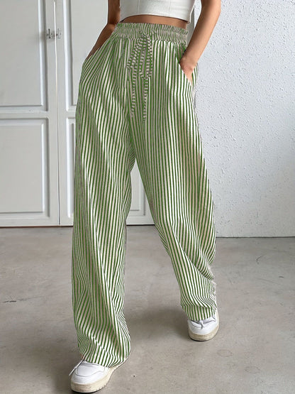 Pantalon pour femme, taille élastique, motif floral, léger, style palazzo, décontracté, jambes larges