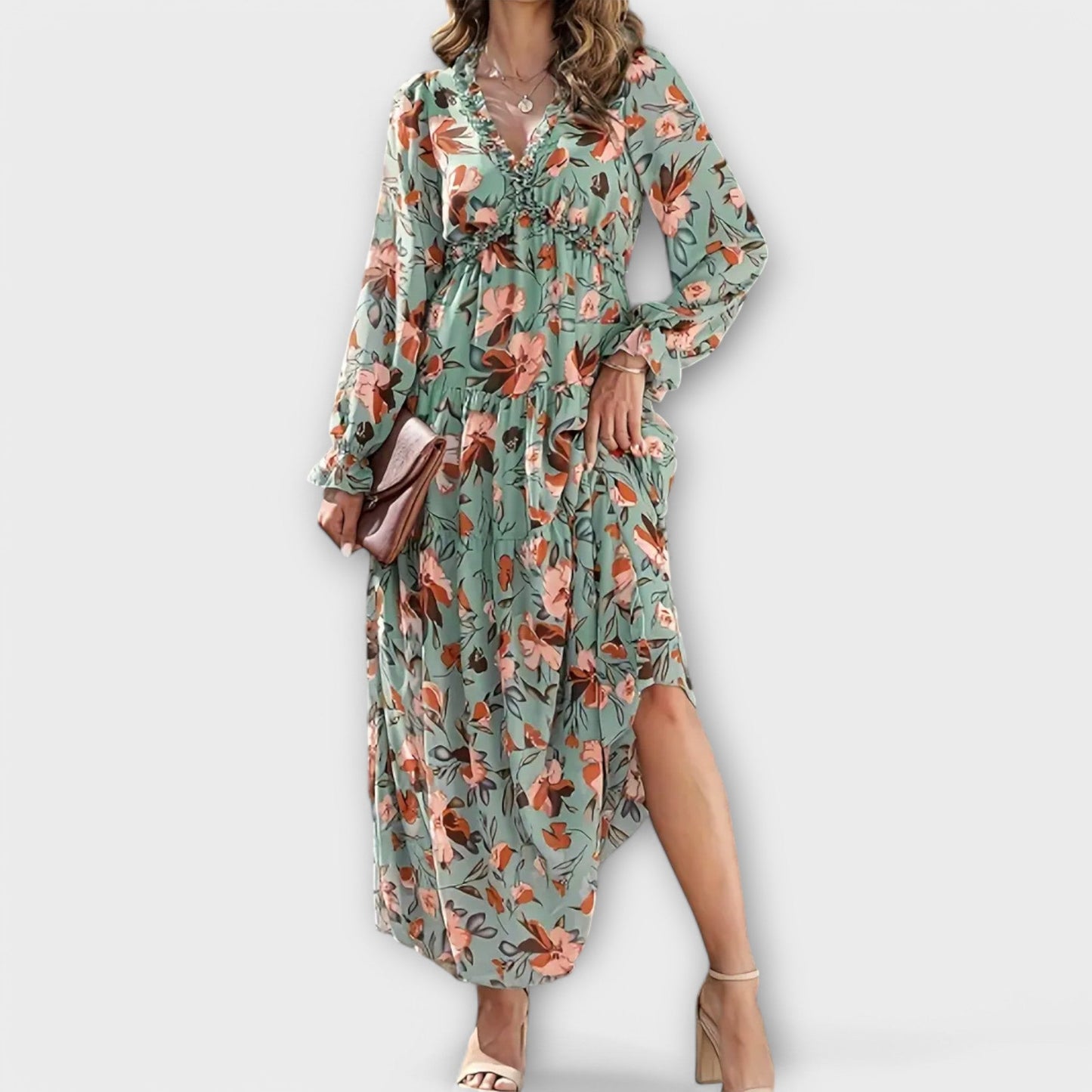 Women’s Pleated Long Sleeves V-Neck Floral Maxi Dress – Elegant Holiday Dress - Seldom Seen Styles