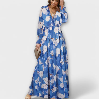 Damen Plissiertes Maxi-Kleid mit langen Ärmeln, V-Ausschnitt und Blumenmuster – Elegantes Urlaubskleid