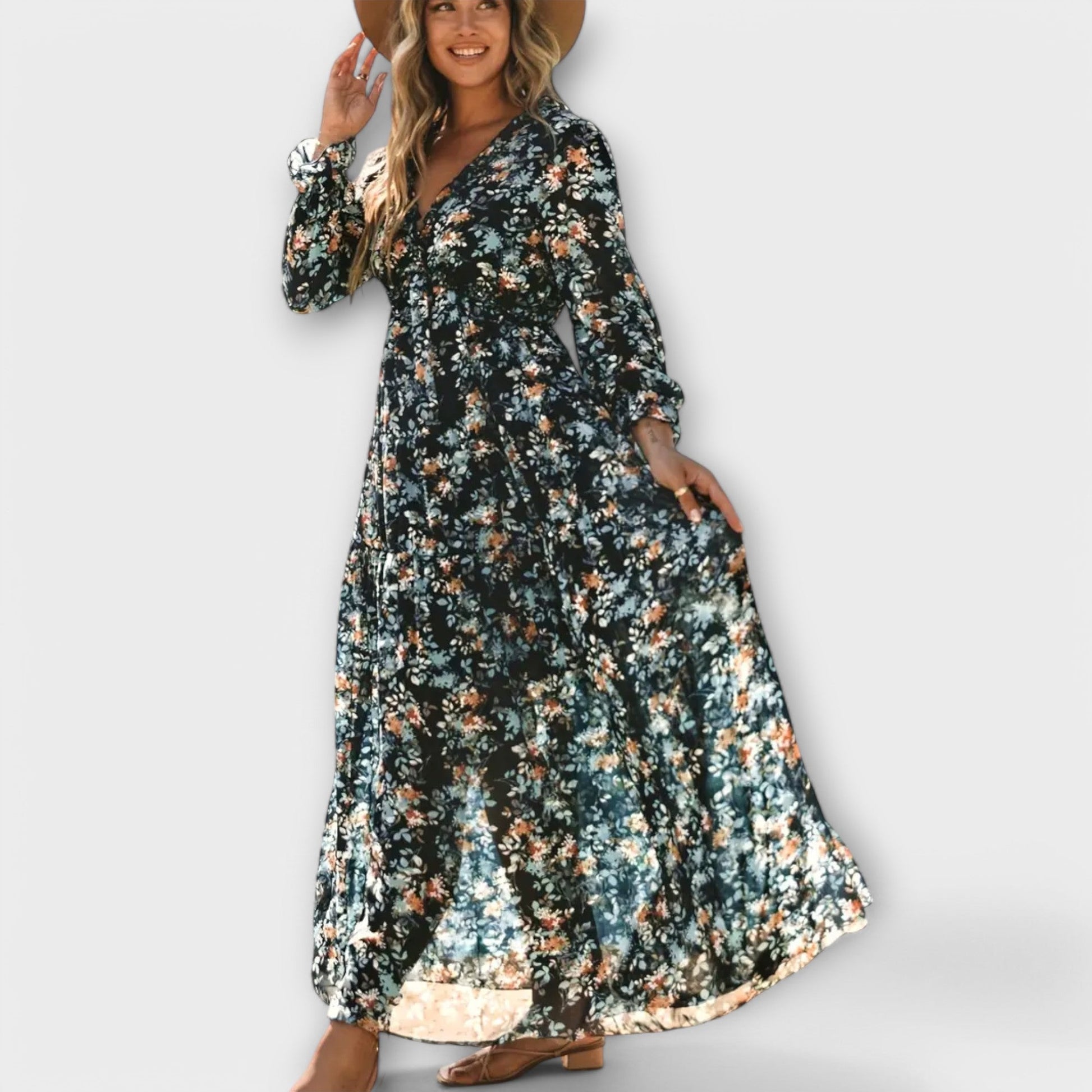 Women’s Pleated Long Sleeves V-Neck Floral Maxi Dress – Elegant Holiday Dress - Seldom Seen Styles