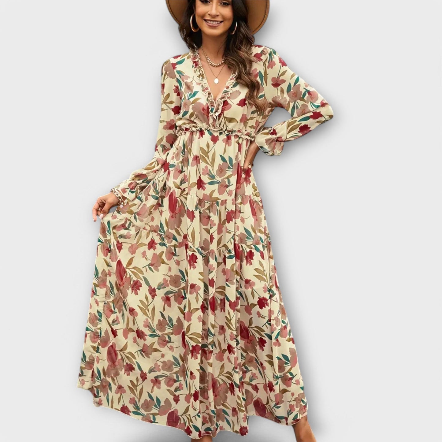 Women’s Pleated Long Sleeves V-Neck Floral Maxi Dress – Elegant Holiday Dress - Seldom Seen Styles