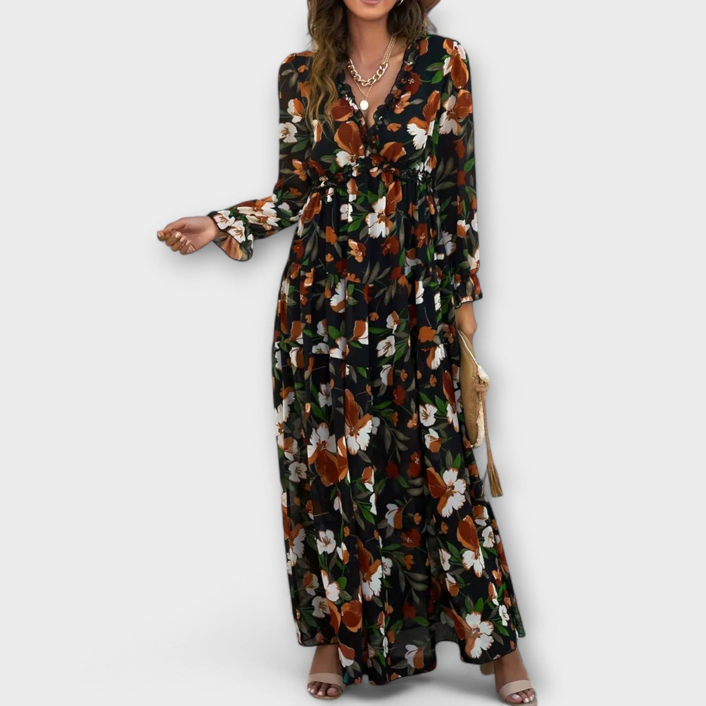 Women’s Pleated Long Sleeves V-Neck Floral Maxi Dress – Elegant Holiday Dress - Seldom Seen Styles