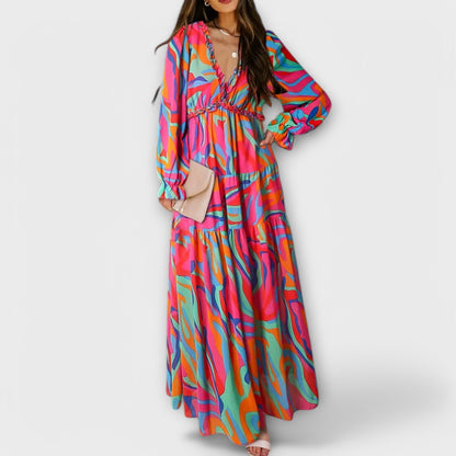 Damen Plissiertes Maxi-Kleid mit langen Ärmeln, V-Ausschnitt und Blumenmuster – Elegantes Urlaubskleid