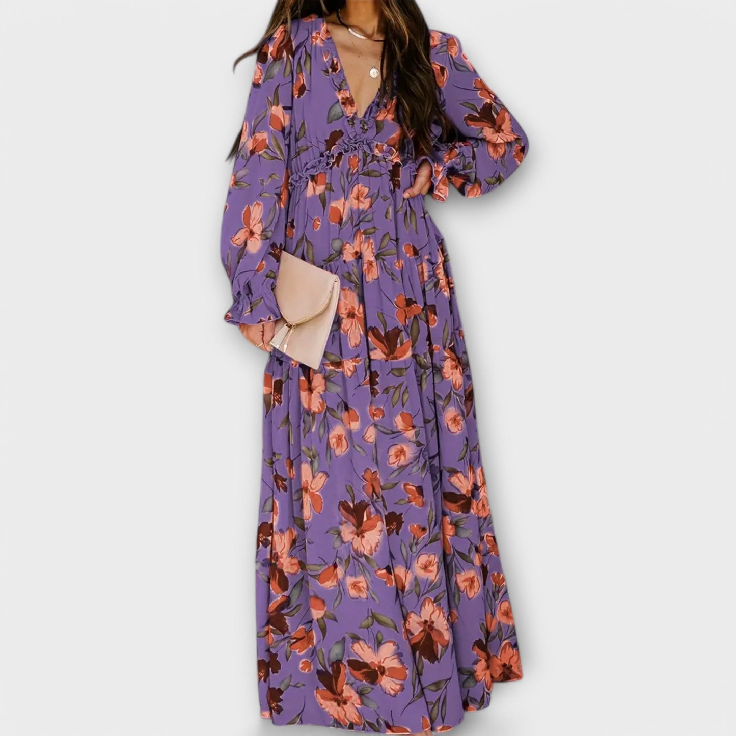 Women’s Pleated Long Sleeves V-Neck Floral Maxi Dress – Elegant Holiday Dress - Seldom Seen Styles