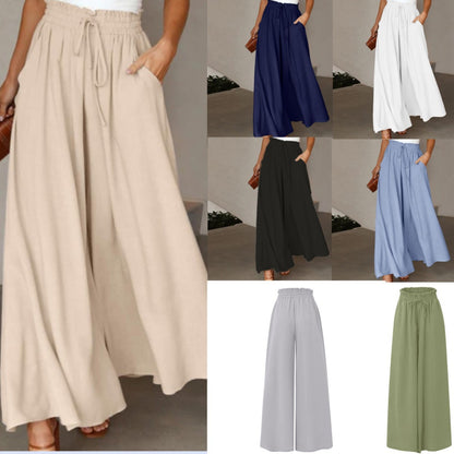 Womens Plus Size Wide Leg Pants Casual Elastic High Waist Flowy Pants Drawstring Palazzo Pants with Pockets
