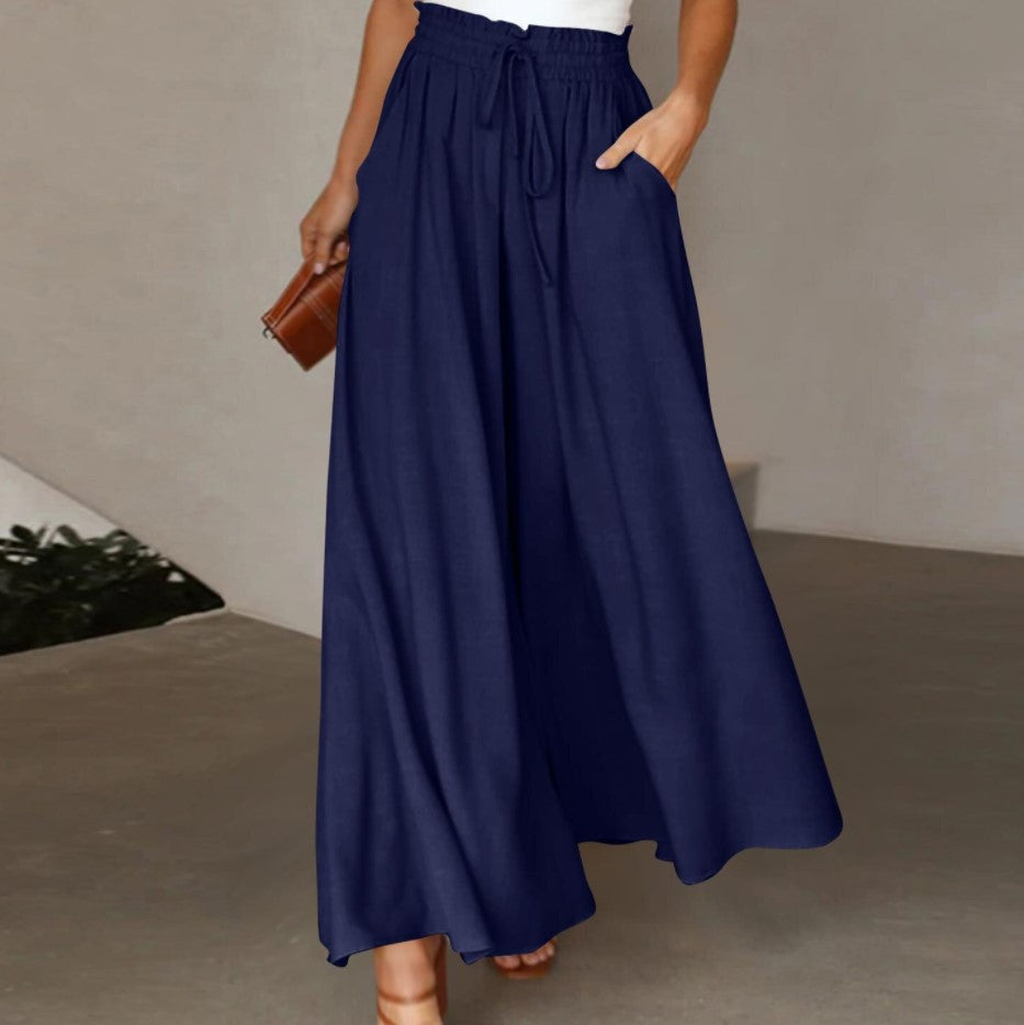 Womens Plus Size Wide Leg Pants Casual Elastic High Waist Flowy Pants Drawstring Palazzo Pants with Pockets - Seldom Seen Styles