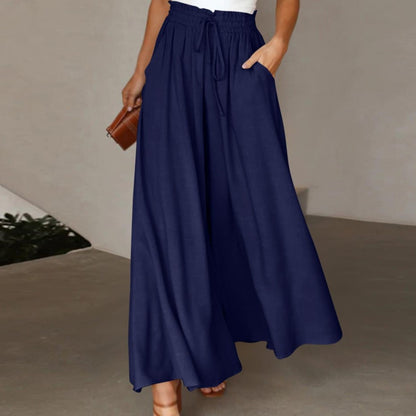 Womens Plus Size Wide Leg Pants Casual Elastic High Waist Flowy Pants Drawstring Palazzo Pants with Pockets
