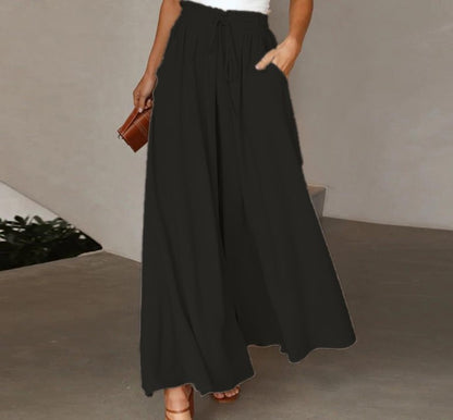 Womens Plus Size Wide Leg Pants Casual Elastic High Waist Flowy Pants Drawstring Palazzo Pants with Pockets