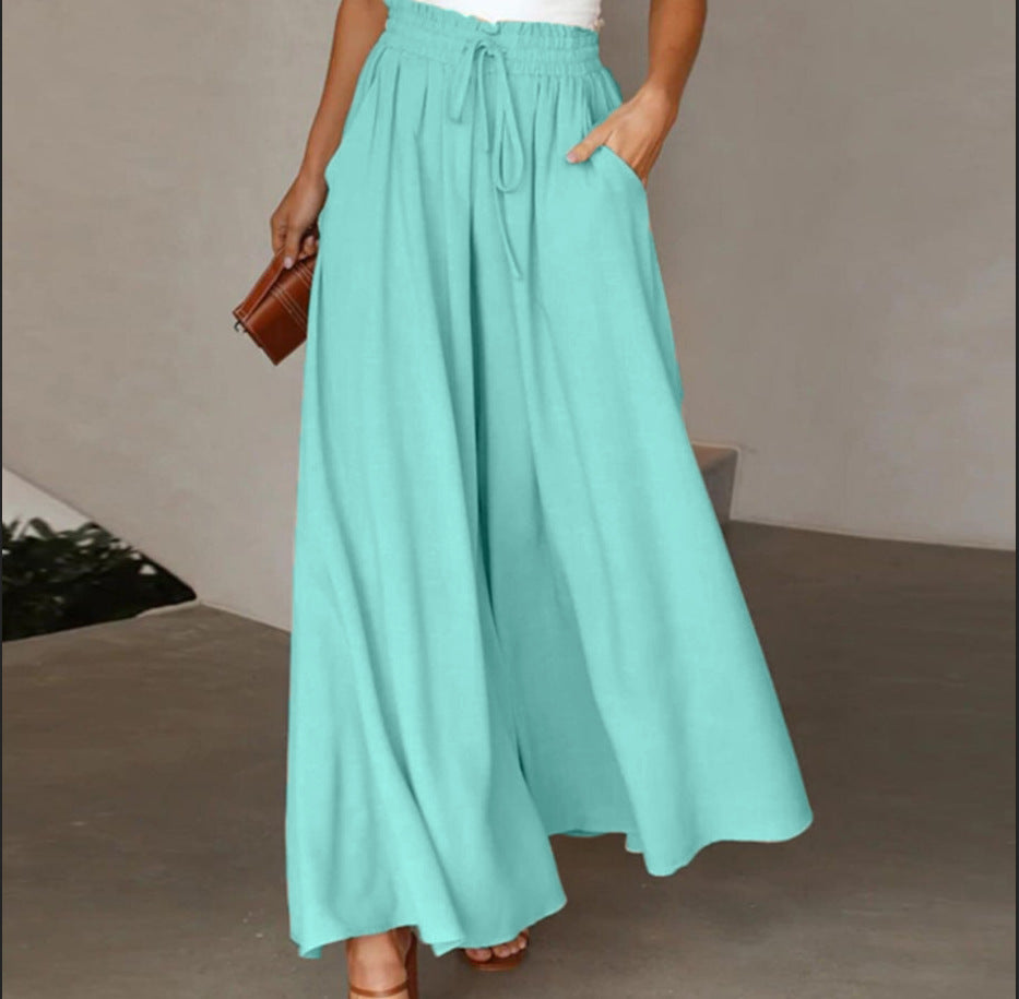 Womens Plus Size Wide Leg Pants Casual Elastic High Waist Flowy Pants Drawstring Palazzo Pants with Pockets - Seldom Seen Styles