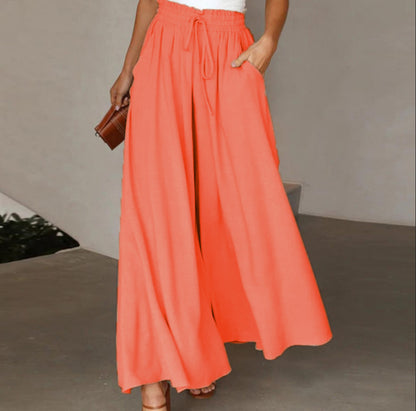 Womens Plus Size Wide Leg Pants Casual Elastic High Waist Flowy Pants Drawstring Palazzo Pants with Pockets