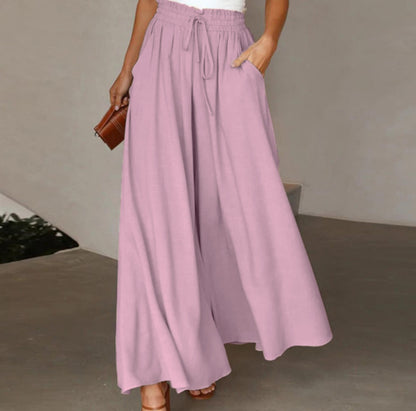 Womens Plus Size Wide Leg Pants Casual Elastic High Waist Flowy Pants Drawstring Palazzo Pants with Pockets