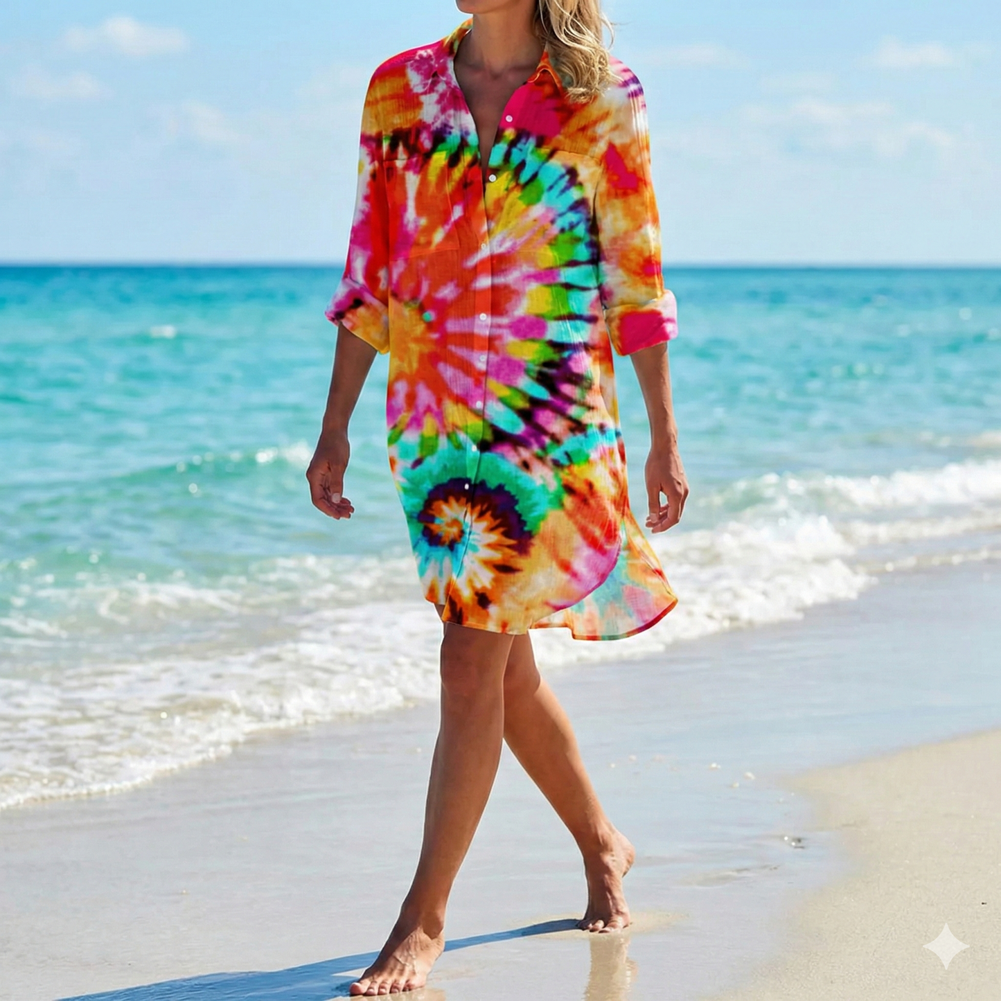 Shirt Dress with Tie-Dye Print and Button-Down Front, Lightweight Breathable Fabric - Seldom Seen Styles