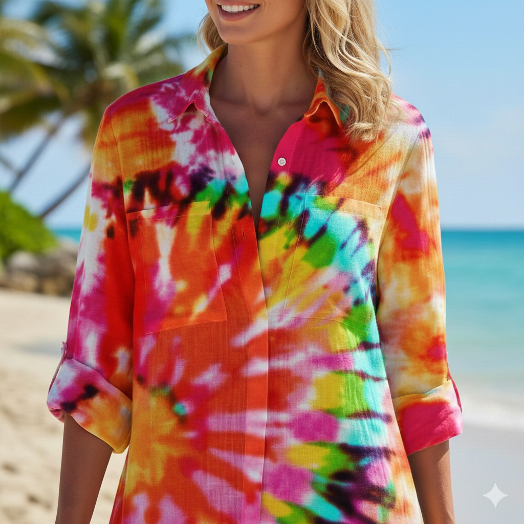Shirt Dress with Tie-Dye Print and Button-Down Front, Lightweight Breathable Fabric - Seldom Seen Styles