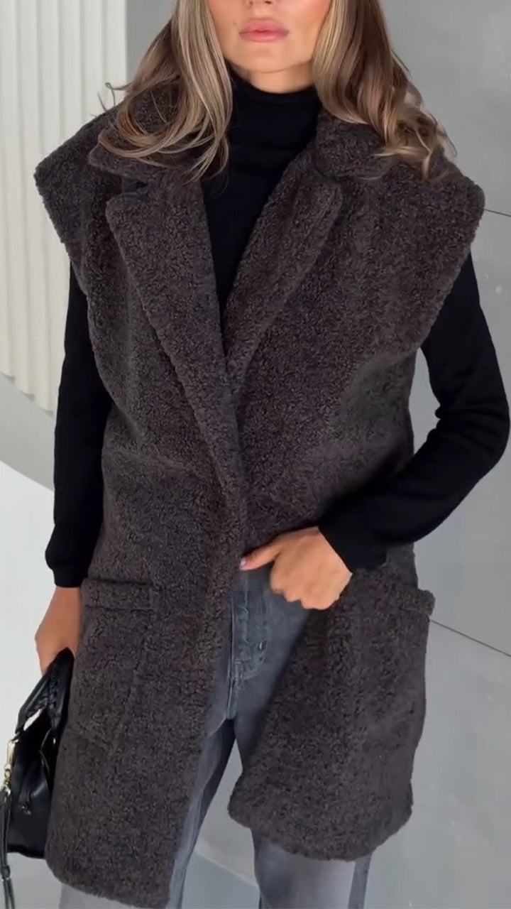 Womens Sleeveless Sherpa Vest with Pockets Lapel Open Front Fleece Cardigan Sweater Fuzzy Jacket Coat - Seldom Seen Styles