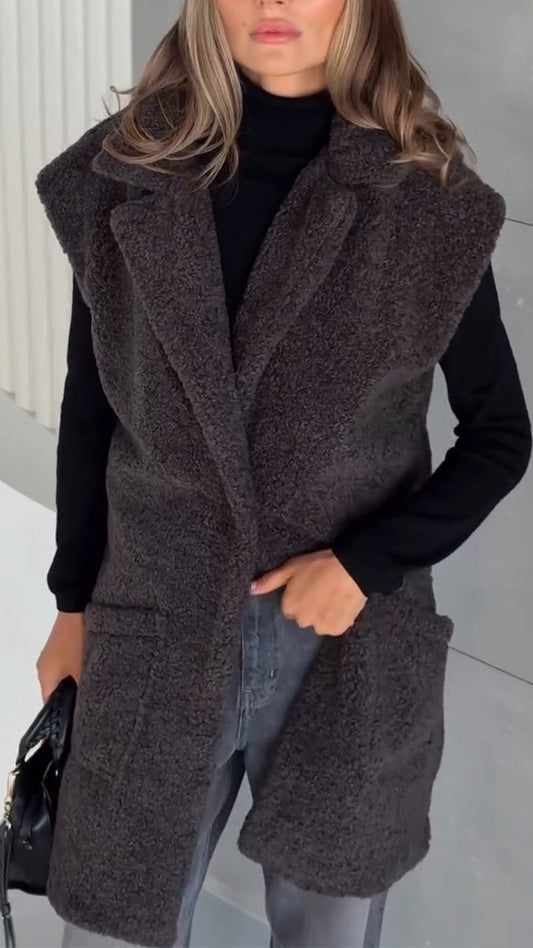 Womens Sleeveless Sherpa Vest with Pockets Lapel Open Front Fleece Cardigan Sweater Fuzzy Jacket Coat - Seldom Seen Styles