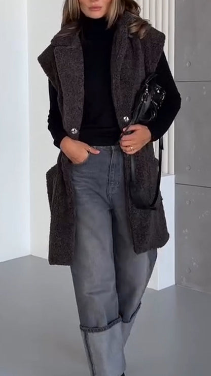 Damen ärmellose Sherpa Weste mit Taschen Revers Offener Fleece Cardigan Pullover Flauschige Jacke Mantel