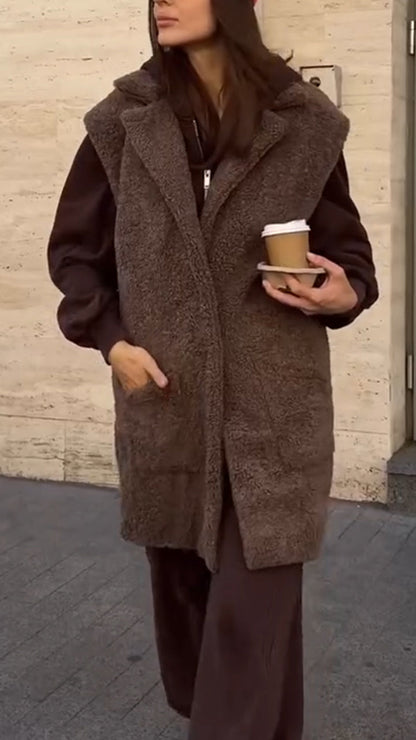 Damen ärmellose Sherpa Weste mit Taschen Revers Offener Fleece Cardigan Pullover Flauschige Jacke Mantel