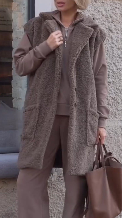 Damen ärmellose Sherpa Weste mit Taschen Revers Offener Fleece Cardigan Pullover Flauschige Jacke Mantel
