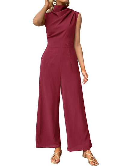 Damen Jumpsuit mit weitem Bein, einfarbig, gerüscht, ärmellos, hoher Halsausschnitt, drapierter Reißverschluss vorne hinten, Spielanzug-Overall, elegant