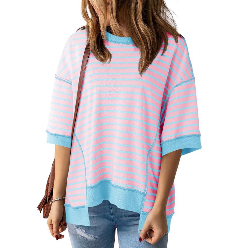 Womens Spring Summer Half Sleeve Oversized T Shirts Striped Color Block Cotton Tops Loose Sweatshirts - Seldom Seen Styles