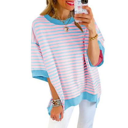Damen Frühling Sommer Halbarm Oversize T-Shirts Gestreifte Farbblock-Baumwolloberteile Lose Sweatshirts