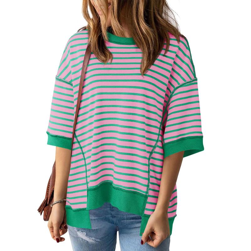 Womens Spring Summer Half Sleeve Oversized T Shirts Striped Color Block Cotton Tops Loose Sweatshirts - Seldom Seen Styles