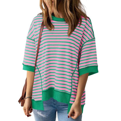 Damen Frühling Sommer Halbarm Oversize T-Shirts Gestreifte Farbblock-Baumwolloberteile Lose Sweatshirts