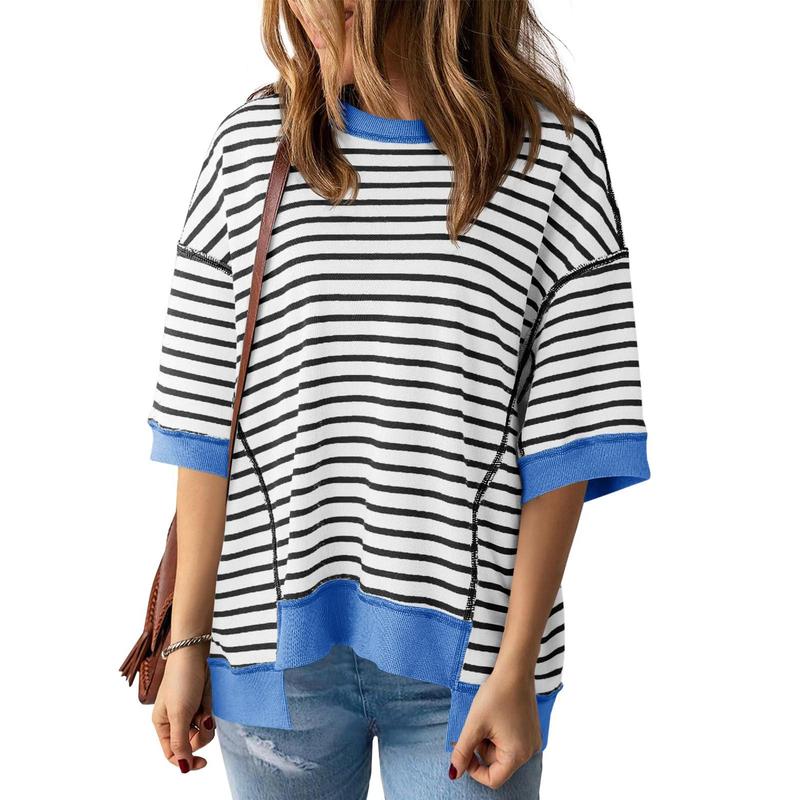 Womens Spring Summer Half Sleeve Oversized T Shirts Striped Color Block Cotton Tops Loose Sweatshirts - Seldom Seen Styles