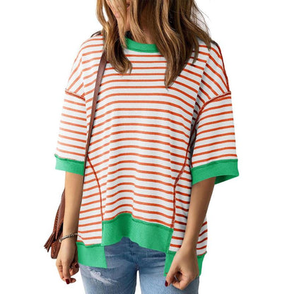 Damen Frühling Sommer Halbarm Oversize T-Shirts Gestreifte Farbblock-Baumwolloberteile Lose Sweatshirts