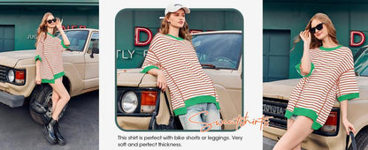 Damen Frühling Sommer Halbarm Oversize T-Shirts Gestreifte Farbblock-Baumwolloberteile Lose Sweatshirts