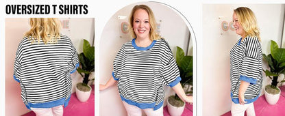 Damen Frühling Sommer Halbarm Oversize T-Shirts Gestreifte Farbblock-Baumwolloberteile Lose Sweatshirts