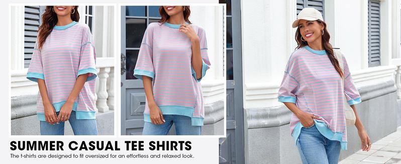 Womens Spring Summer Half Sleeve Oversized T Shirts Striped Color Block Cotton Tops Loose Sweatshirts - Seldom Seen Styles