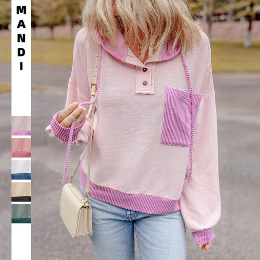 Womens Striped Patchwork Drawstring Hooded Tops Long Sleeve Button Down Loose Casual Knit Pullover Blouses - Seldom Seen Styles