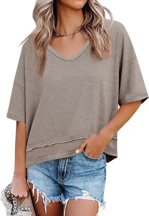 Womens Summer V Neck T Shirts Casual Short Sleeve Flowy Tops Cute Loose Fit Basic Tees Summervibes - Seldom Seen Styles