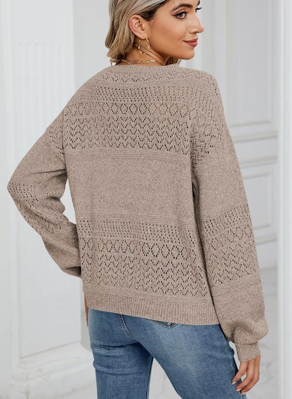 Womens Sweaters 2025 Fall V Neck Long Sleeve Hollow Knit Pullover Sweaters for Women